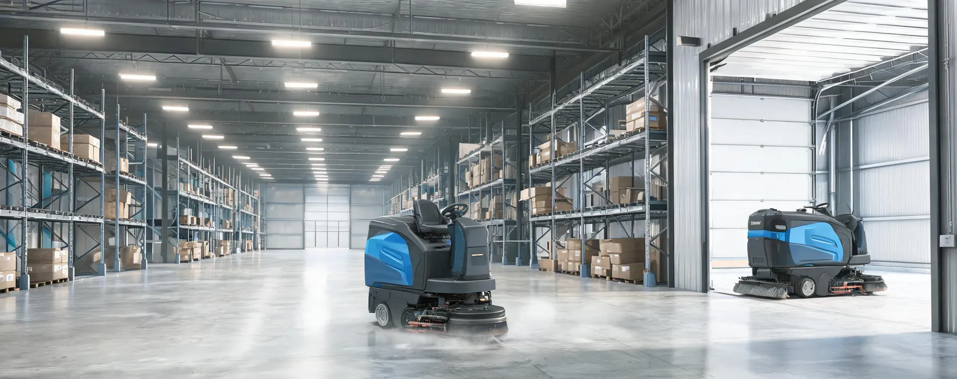 Ride-on floor scrubber maintaining a logistics floor