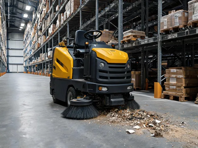 Industrial floor sweeper collecting dry debris