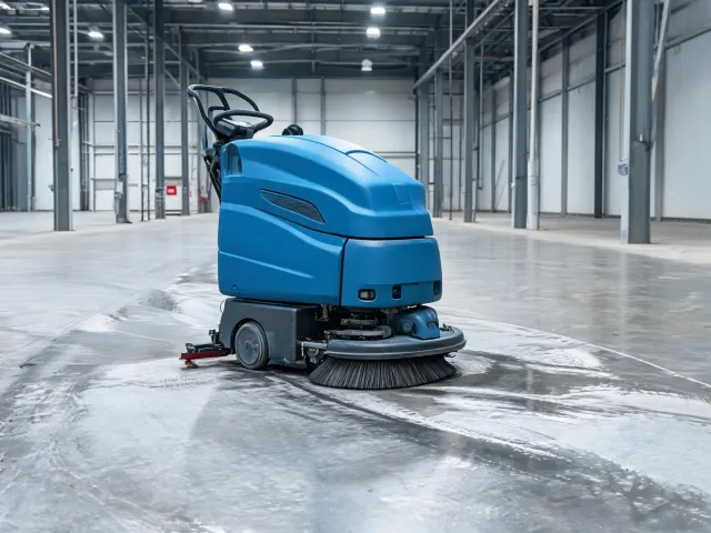 Walk-behind floor scrubber in a distribution corridor