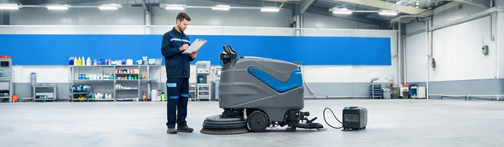 Technician reviewing floor scrubber service data